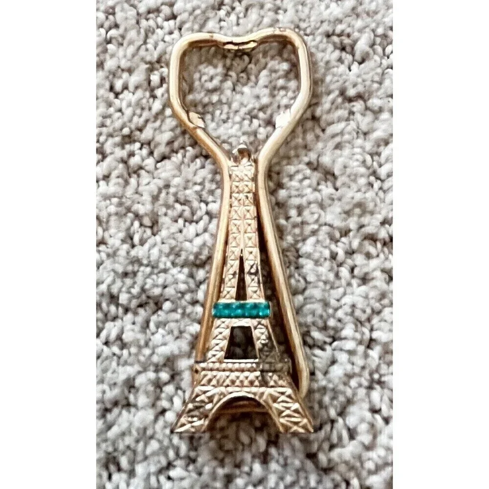 Vintage Eiffel Tower Bottle Opener Gold Green Gem Faux Emerald Paris France